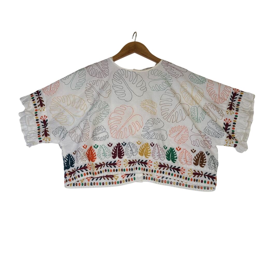 Zara Basics Embroidered Cotton Linen Blend Palm Leaf Crop Top XS Blouse